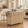 thumbnail image 1 of 55.5'' Kitchen Island with Storage, Rolling Kitchen Cart with Drop Leaf, Power Outlet USB Port, 4 Doors 3 Drawers, Faux Marble Top, Fluted Design, Natural, 1 of 15