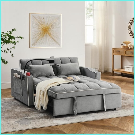 55.5" Modern Velvet 3-Position Foldable Sofa Bed with USB Port & Swivel Phone Stand (Grey)