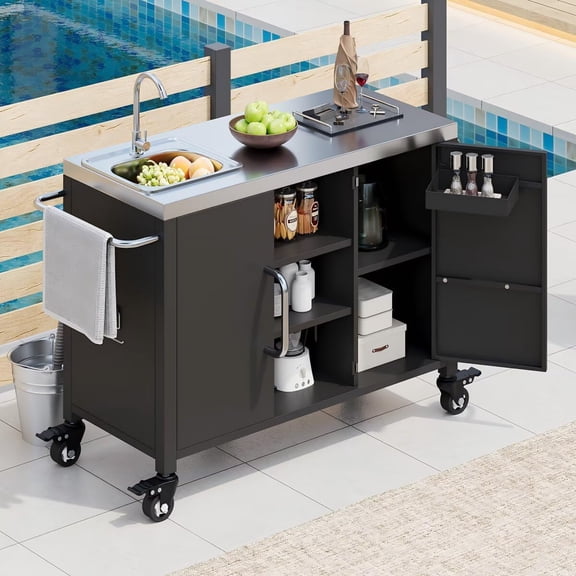 55.5" Outdoor Kitchen Island with Sink, Metal Grill Cart Table with 304 Stainless Steel Sink, Outdoor Bar Cart Sink Station with 4 Lockable Wheels for Pizza Prep Black L 55.5" x W 20" H 36.7"