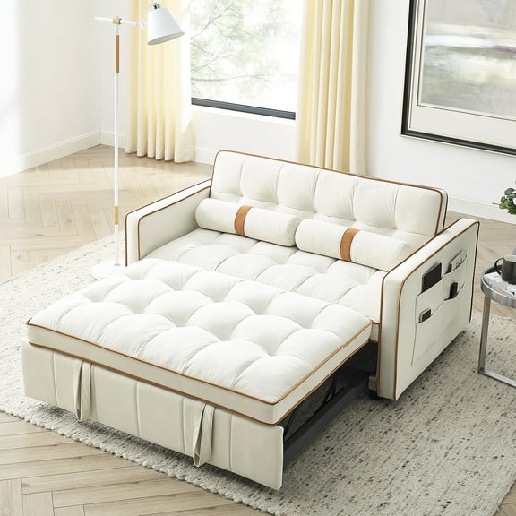 55.5" Pull Out 2 Seater , Modern With Side Pockets, Adjustable & Lumbar Pillows, Velvet Bed For Living Room, Office, Apartment, Beige Couch In Beige, Seaters Apartment