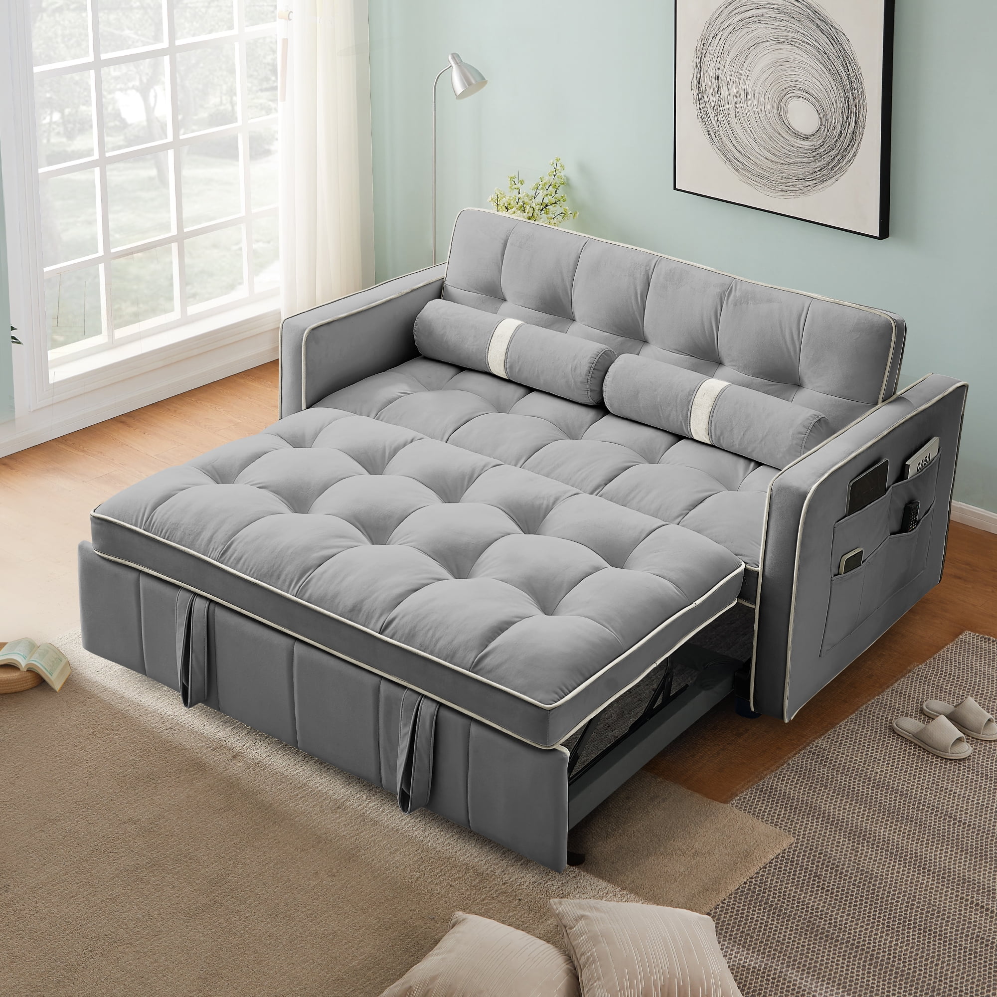 55.5 Pull Out Sleep Sofa Bed 2 Seater Convertible Futon Loveseats Sofa Couch for Living Room Gray