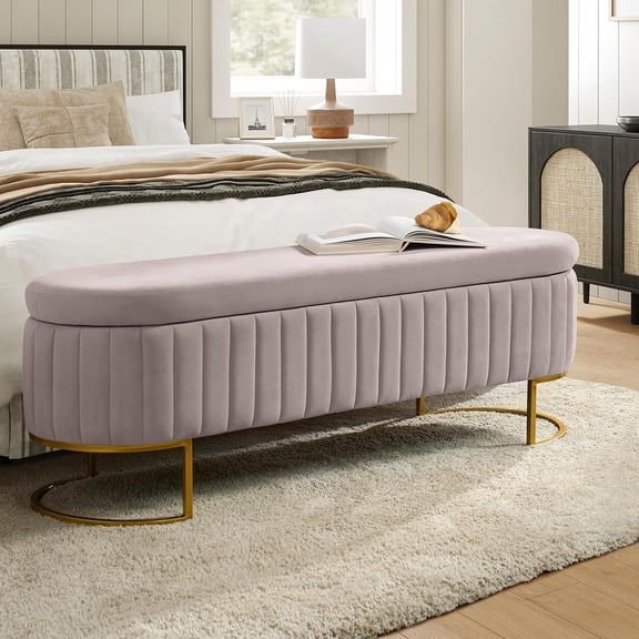 55.5" Storage Bench Ottoman, Upholstered Velvet Long Window Bench with Gold Legs, Flipping Lid Entryway Footrest, King Size Bedroom Bench (Pink)