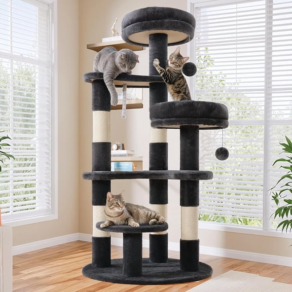 55.5 in  Tree for Indoor Kitties/Soft Plush Perches/Multi-Level  Tower/Sisal Scratching Posts/Crescent Plates/Round Jumping Board/Hanging Ball/Pet Activity Center/Dark