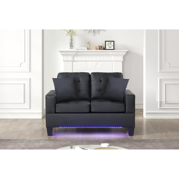 55.5"W Black PVC Fabric - LED Lights & USB Charger - Living Room Entertainment - Plush Seating with Ambient Glow