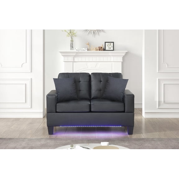 Modern Black PVC Fabric Loveseat with LED Lights and USB Charger (55.5"W)