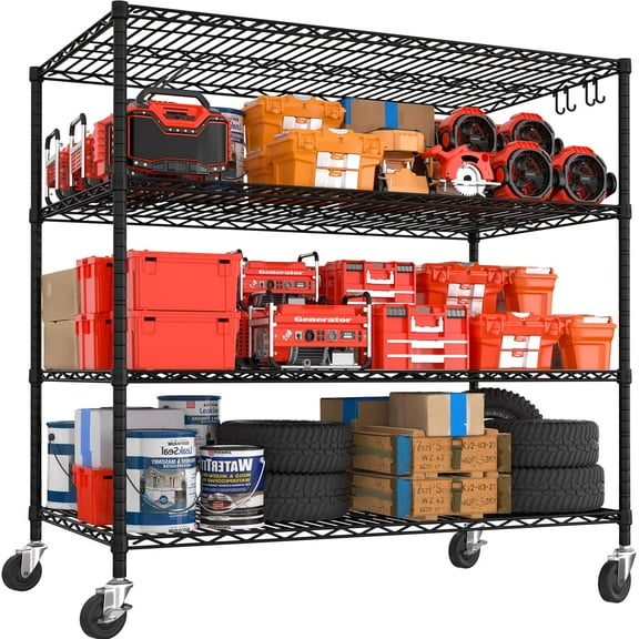 55.5" W x 24" D x 80" H Heavy Duty Wire Storage Shelves with Wheels, 4 Tier Adjustable NSF Certified Garage Shelving Unit, Rolling Metal Organizer Shelf Rack for Warehouse, Pantry, Black