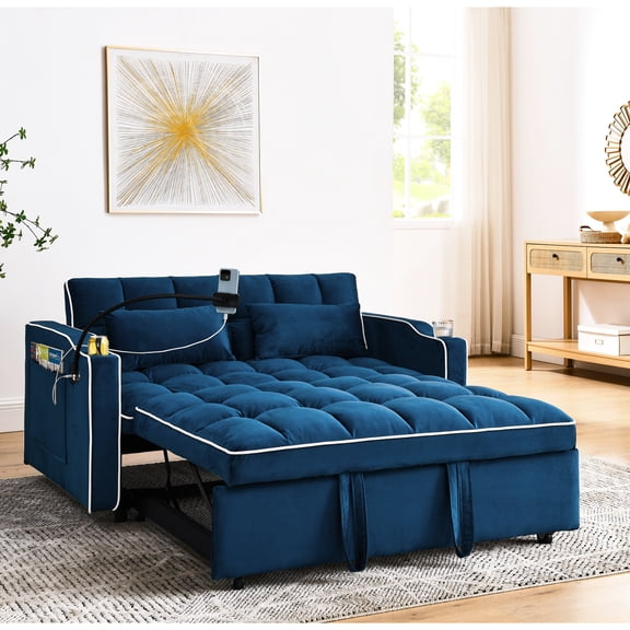 55.51 Inch Bed In Blue Velvet - Foldable With Adjustable Back, & Phone Stand Transform Your Home Decor (blue) Back , Ashtray Enjoy A Relaxing Time