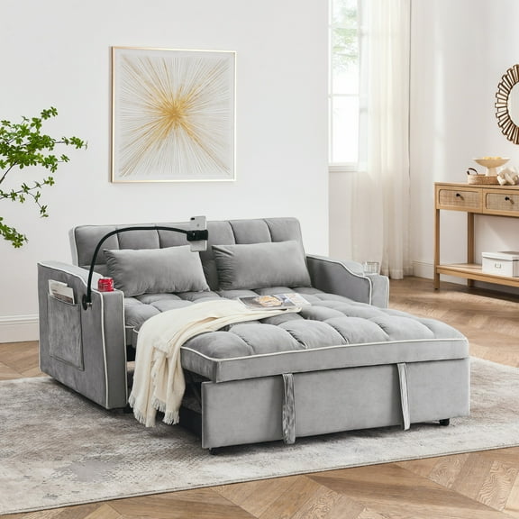 55.51 Inch Versatile Foldable Sofa Bed In 3 Lengths, Modern Sofa Sofa Sofa Velvet Pull-Out Bed, Adjustable Back and with Usb Port and Ashtray and Swivel Phone Stand (Grey)