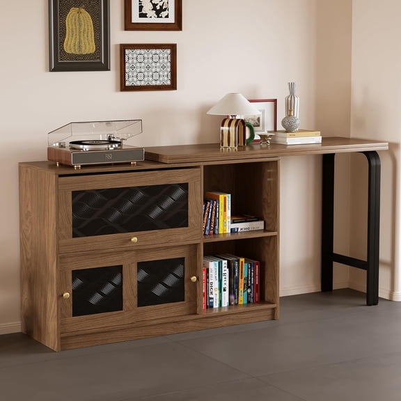 55.51" Multi-Purpose Rotating Writing Desk with Storage Shelves, L-Shaped or Straight Office Desk with Sliding Cabinet Doors, Space-Saving Home Office Desk or Dining Room Sideboard Cabinet, Walnut