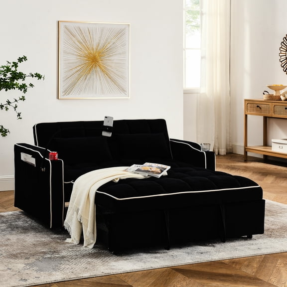 55.51-inch Velvet Sofa Bed with USB and Swivel Phone Stand / Suitable for Primary Living Space