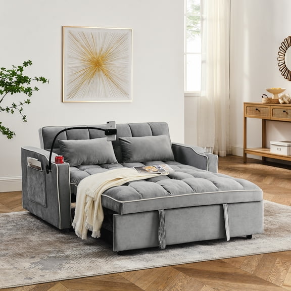 55.51" Velvet Foldable Sofa Bed - Grey, with USB & Phone Stand