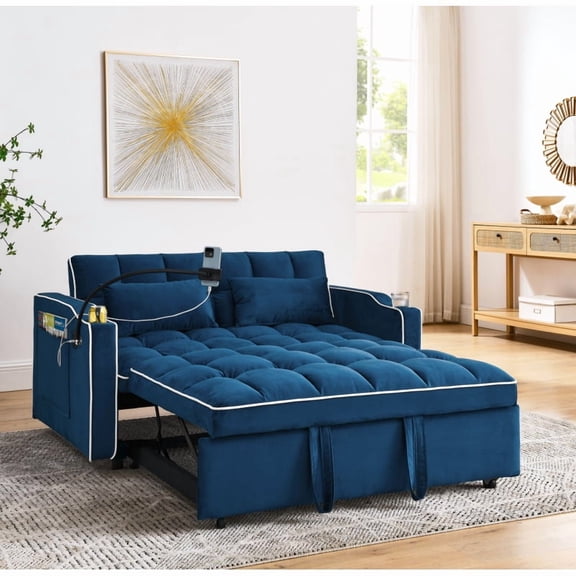 55.51 inch versatile foldable sofa bed in 3 lengths, modern sofa sofa sofa velvet pull-out bed, adjustable back and with USB port and ashtray and swivel phone stand (BLUE)