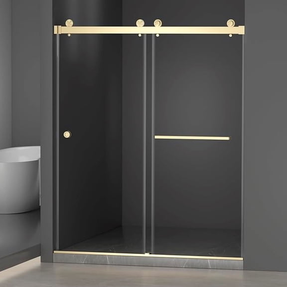 55-59"W x 72"H Frameless Double Sliding Shower Door, 304 Stainless Steel in Brushed Gold 5/16" (8mm) Thick SGCC Tempered Clear Glass. Round handle with NANO easy cleaning coating