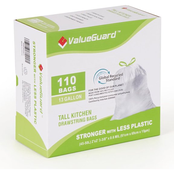 Valueguard Strong Flex 13-Gallon Drawstring Tall Kitchen Trash Bags, 110 Bags