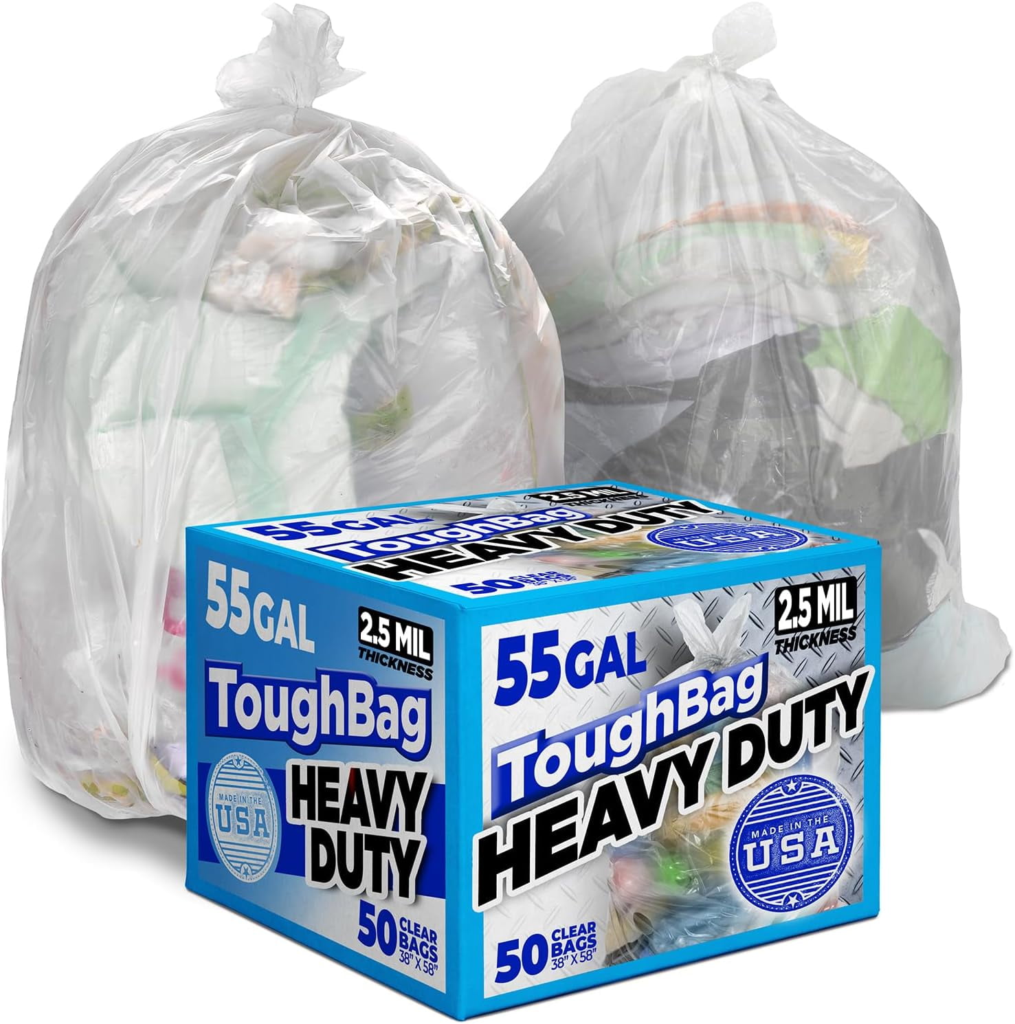 55-60 Gallon Contractor Trash Bags, 2.5 Mil Heavy Duty Clear (50 Count ...