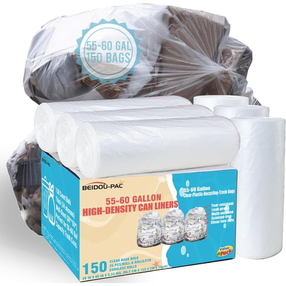 55-60 Gallon Heavy Duty Clear Plastic Trash Bags 150 Count HDPE
