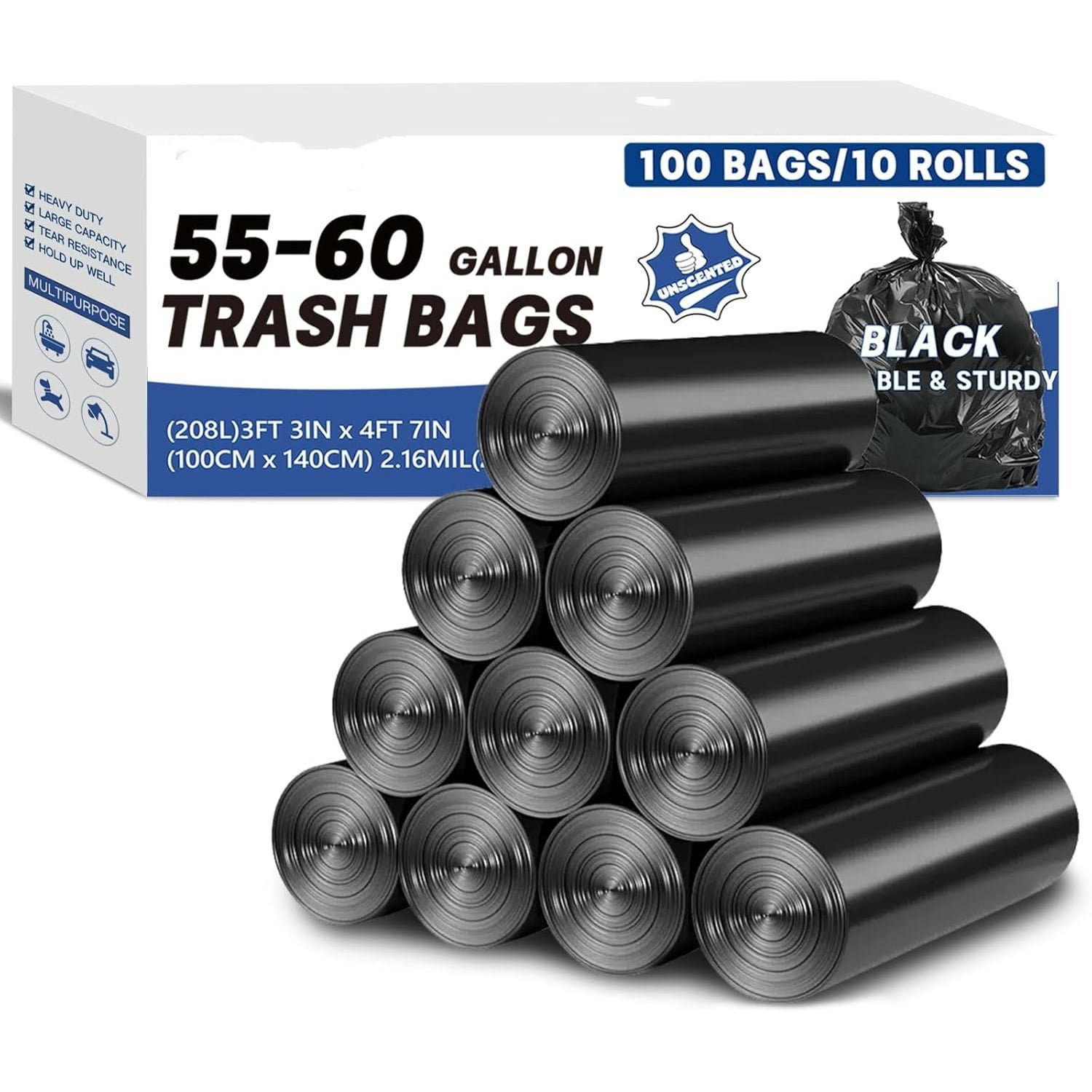 55-60 Gallon Trash Bags Heavy Duty 2.1 Mil - 39''x55'' 100 Count Extra Thick Black Garbage Bags Unscented Strong Huge Can Liners for Construction Industrial Yard Outdoor Commercial