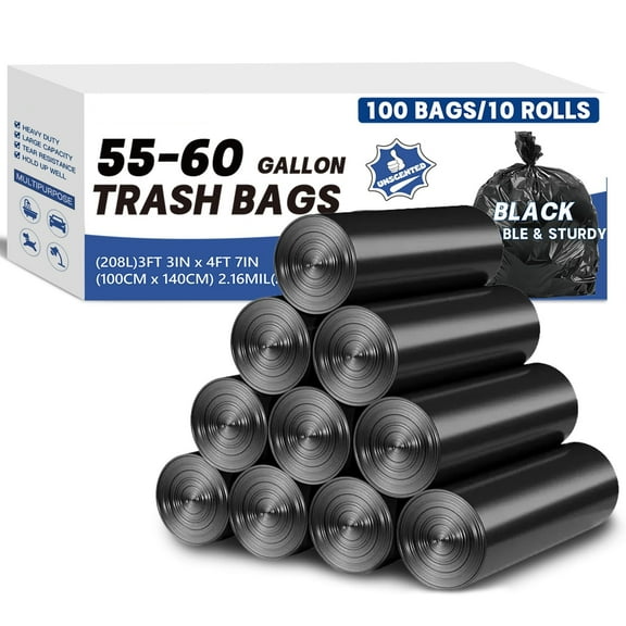 55-60 Gallon Trash Bags Heavy Duty 2.1 Mil - 39''x55'' 100 Count Extra Thick Black Garbage Bags Unscented Strong Huge Can Liners for Construction Industrial Yard Outdoor Commercial