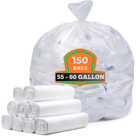 55-60 Gallon Trash Bags, Large Clear Garbage Bags,150 Bags Bulk Can Liners Perfect for Office, Waste, and Storage Use, Recycling, Yard Waste, and Leaf Collection, Rollaway Bin Liners