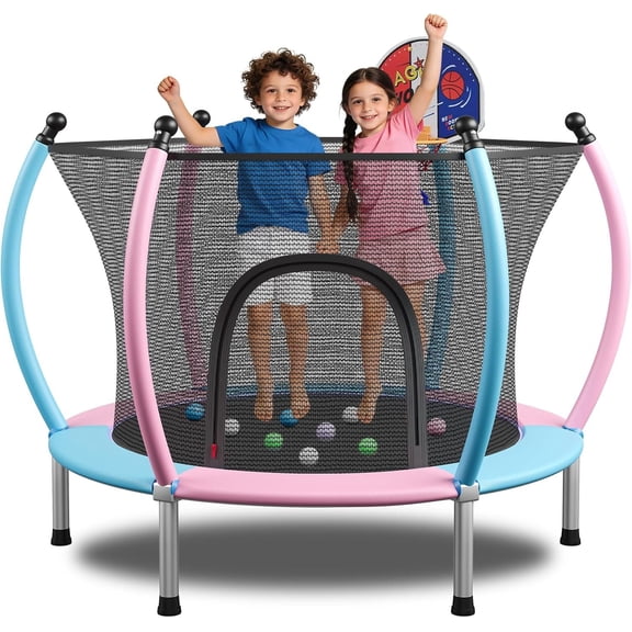 55/60" Trampoline for , 4.5/5 FT  Trampoline with Enclosur Net, Basketball Hoop & Sandbag, 440 LBS Capacity, Adjustable Height,Gifts for Ages 3-12 Boys & Girls