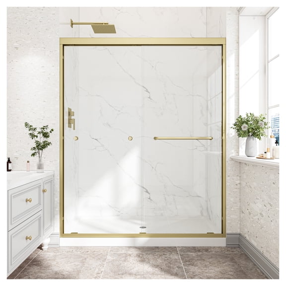 55"-60" W x 72" H Brushed Gold Reversible Installation Double Bypass Sliding Shower Door,Aluminium Alloy Frame,1/4"(6MM) Tempered Glass With Nano Explosion-proof Membrance,Easy Installation