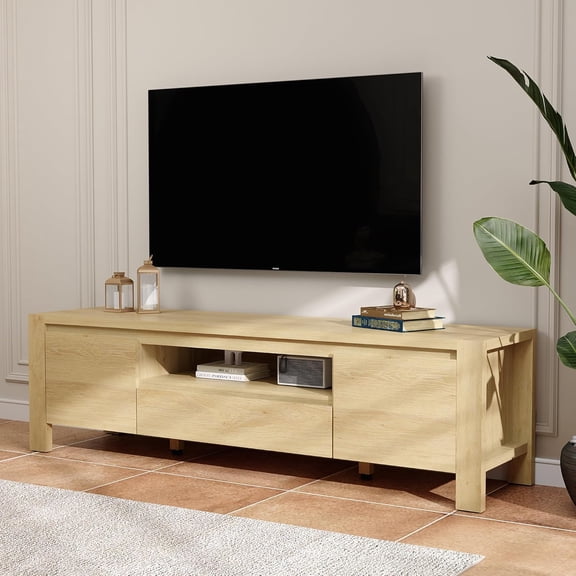 55"/63"Farmhouse TV Stand with Doors for TVs up to 60"/70", Natural Wood Entertainment Center with Cabinet & Adjustable Shelves, Media Console for Living Room, Bedroom