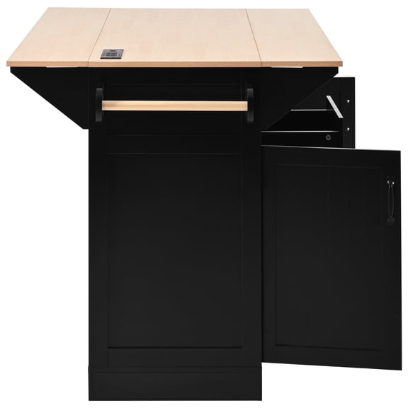 55.7" Black Kitchen Island With 2 Drop Leaf, Rolling Cart, Power Outlet, Folding Table For Family, 3 Drawers, Storage Cart Table, Spice Rack, Towel Cabinet Unit
