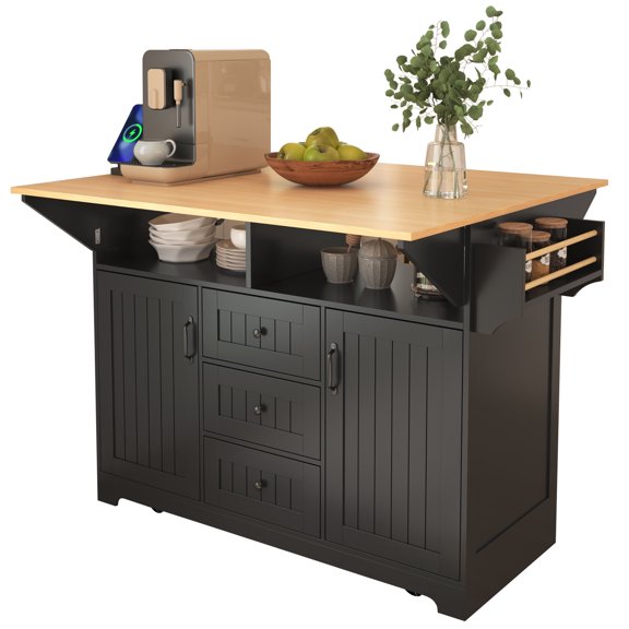 55.7" Black Kitchen Island with 2 Drop Leaves, Rolling Cart on 5 Wheels with Power Outlet, Folding Dining Table with Spice Rack, Towel Rack & 3 Drawers for Kitchen & Dining Room
