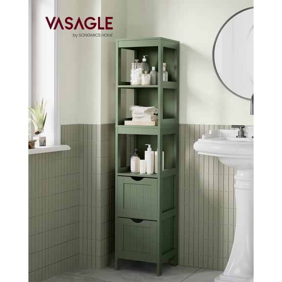 55.7 Inch Bathroom Floor Storage Cabinet with 2 Drawers, Multifunctional Corner Organizer Rack Stand, Forest Green