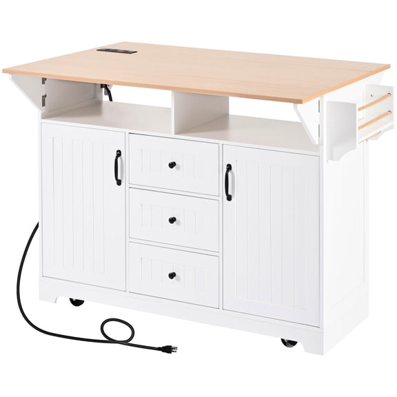 55.7'' Kitchen Island with 2 Drop Leafs, 2 Doors, 3 Drawers, Power Supply for Kitchen and Home Storage