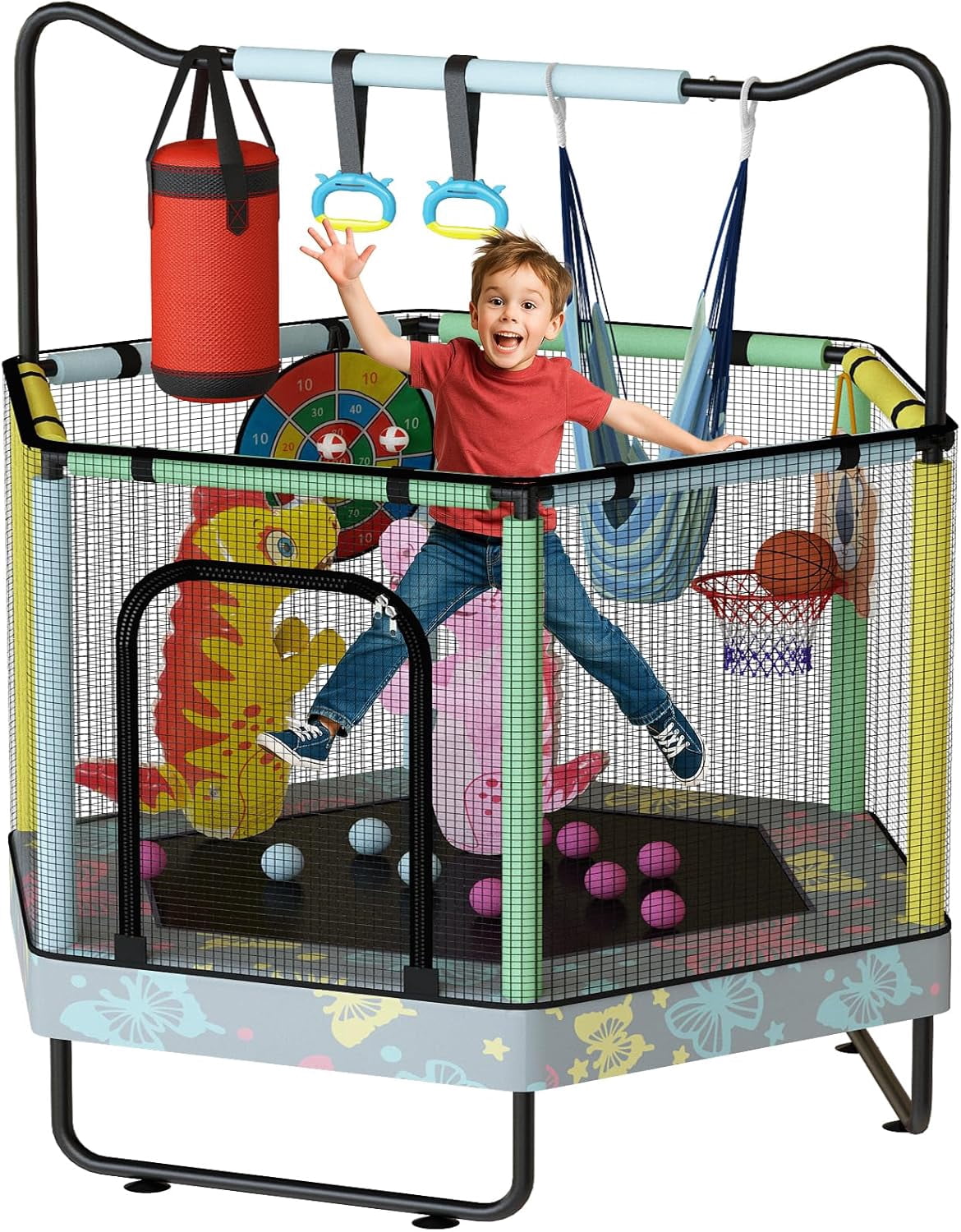MIERES 55" 7-in-1 Hexagonal Trampoline for Kids Boys & Girls Ages 1-8, Indoor & Outdoor Trampoline for Fun, Adjustable Height Handrail ＆ Enclosed Safety Net ＆ Durable Designs for Toddlers Children