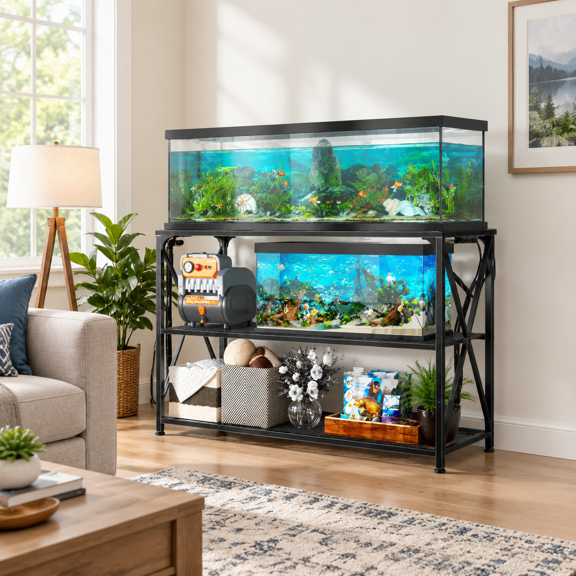 55-75 Gallon Aquarium Stand Black Heavy Duty Metal Frame with Storage