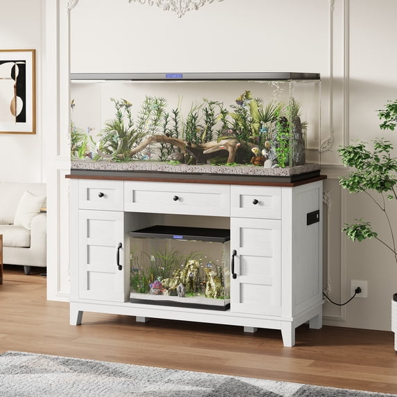 55-75 Gallon Aquarium Stand with Power Outlet and Storage, 1400 lbs Heavy Duty Fish Tank Cabinet with 3 Drawers and 2 Doors, Farmhouse Media Console for Living Room, Grey Brownish White