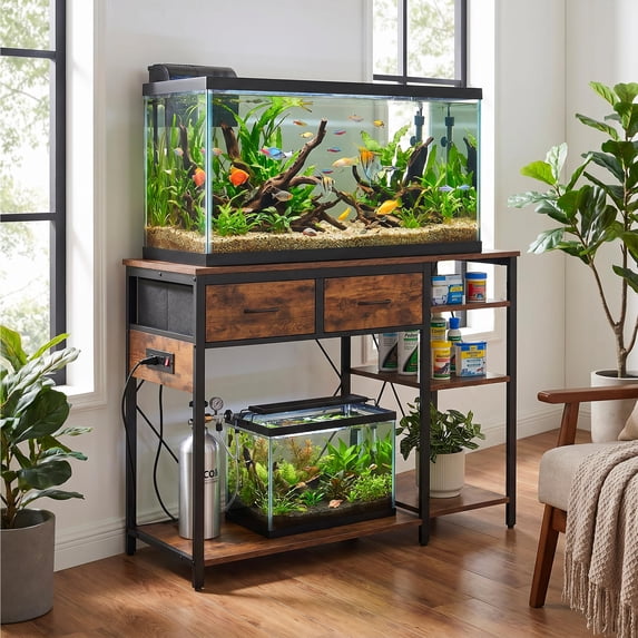 55-75 Gallon Fish Tank Stand | Aquarium Stand with Power Outlet, 3-Tier Storage Shelf for Fish Tank, Turtle & Reptile Terrarium, Brown