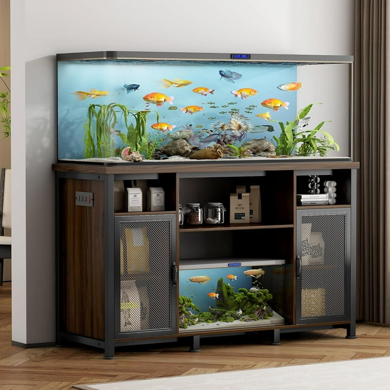 55 75 Gallon Fish Tank Stand Linor Aquarium Stand with Power Outlets and Cabinet for Fish Tank Accessories Storage Heavy Duty Metal Frame 52 x 9.7 Tabletop 1200lbs Capacity Two Metal Net Door