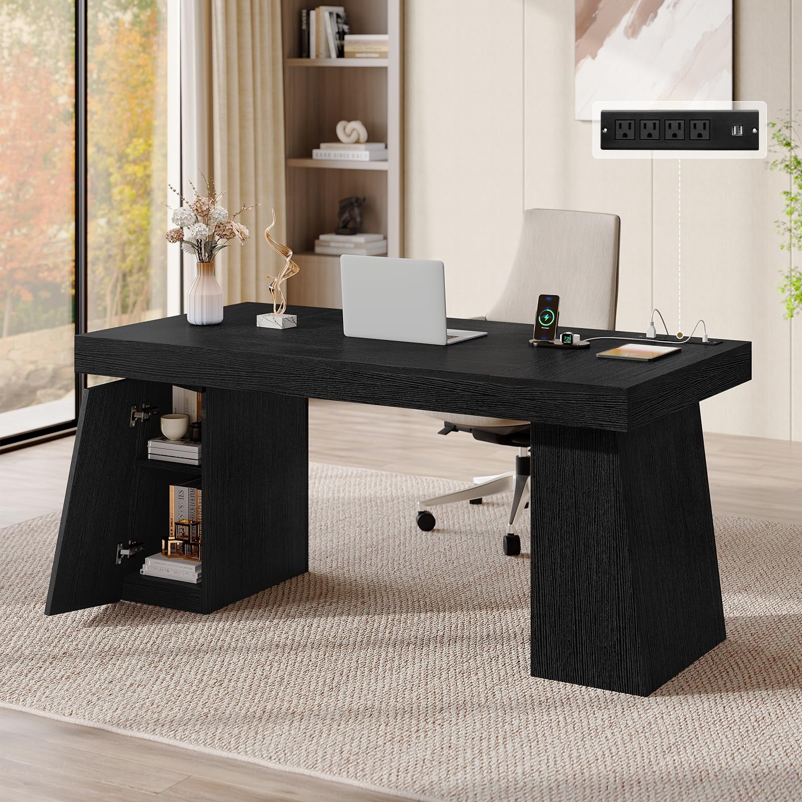 55.9" Executive Desk with Power Outlets, Home Office Desk with Double Pedestal & 2 Storage Cabinet, Wood Computer Desk, Modern Business Workstation (Black)