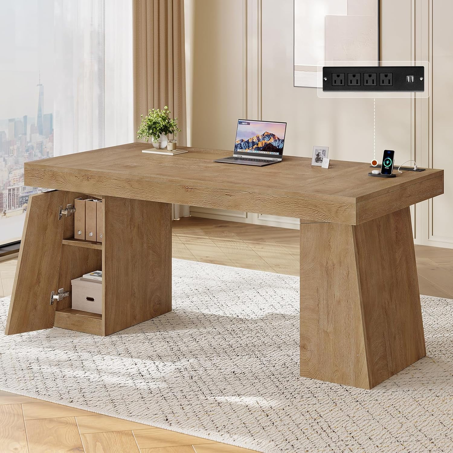 55.9" Executive Desk with Power Outlets, Modern Home Office Desk with Storage Cabinet, Computer Desk Conference Table, Oak - Walmart.com
