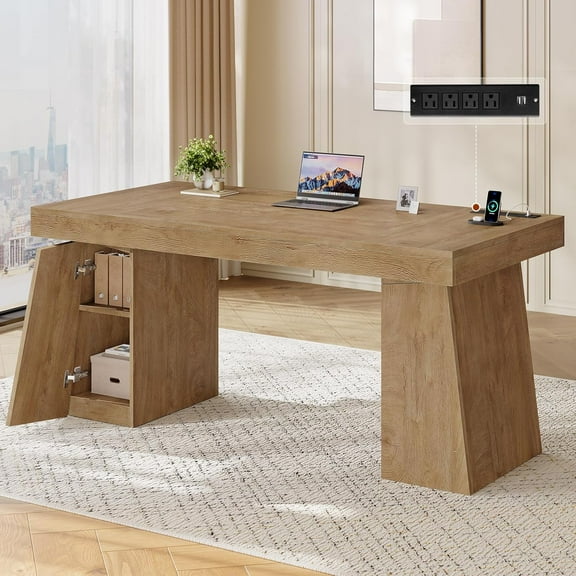 55.9" Executive Desk with Power Outlets, Modern Home Office Desk with Storage Cabinet, Computer Desk Conference Table, Oak