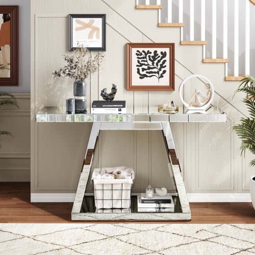 55.9-Inch Modern Mirrored Console Table for Living Room Hallway Entrance, Glass Sofa Table with Mirror Finish, Foyer Entryway Table with Trapezoid Base, Rectangular Accent Desk