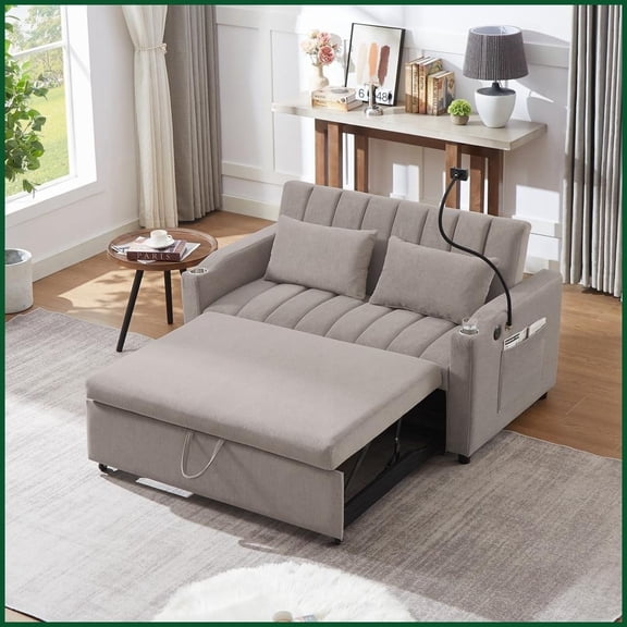 55.9'' Light Grey Bella Fabric Convertible Sofa Bed with USB Ports, Cup Holders & 360 Phone Holder for Living Room