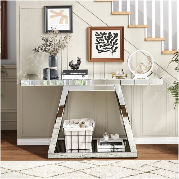 55.9" Silver Modern Console Table with Full Body Mirror and Trapezoid Base, Open Shelf Storage for Entryway, Living Room, Hallway