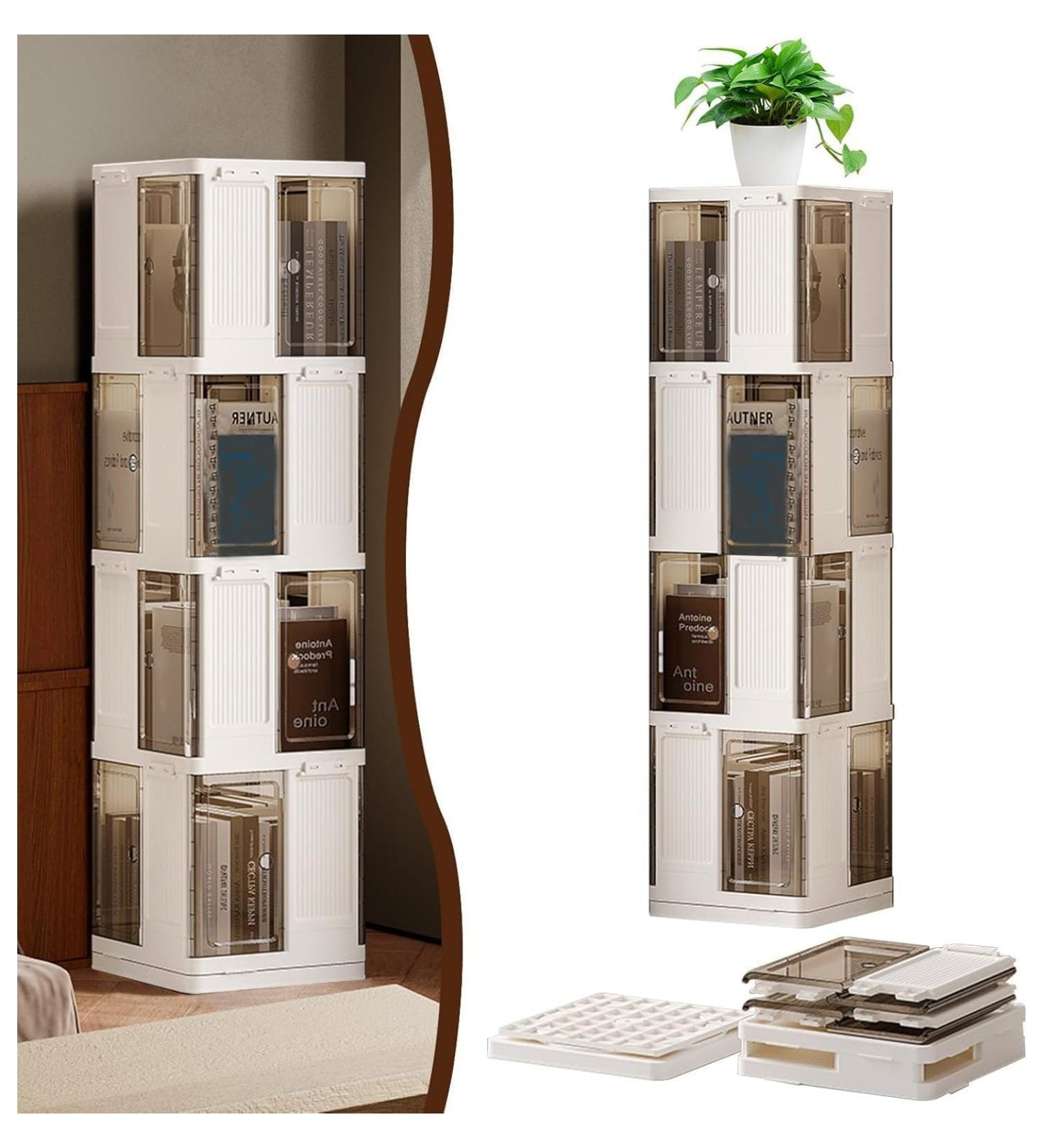 55.9in Bookshelf Rotating with Magnetic Doors, 4 Tier Foldable Rotating ...