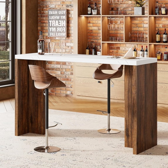 55”Bar Table, Industrial Counter Height Pub Dining Table with Faux ...