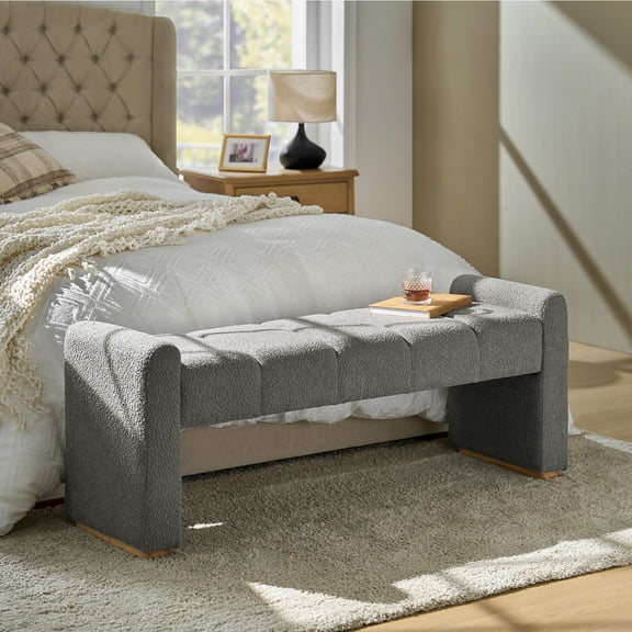 55" Bench Upholstered Chenille Fabric Bed Foot Stool Accent Footrest Wood Legs Entryway Hallway Living Bedroom Grey