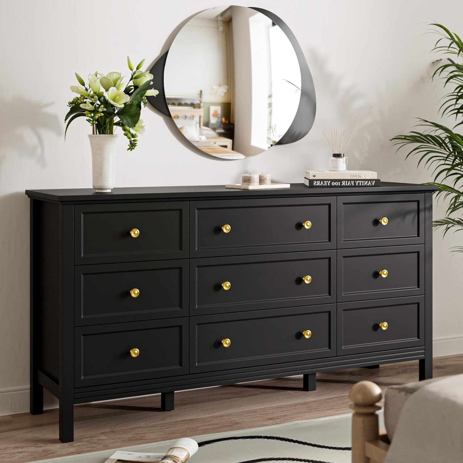 Black Dresser for Bedroom with 9 Drawers, 59'' Large Wood Dresser with