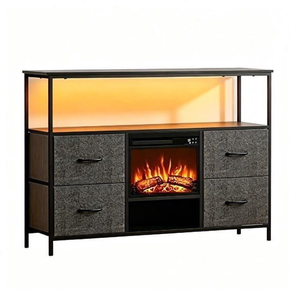 43" Black Engineered Wood TV Stand with 14" Electric Fireplace & LED