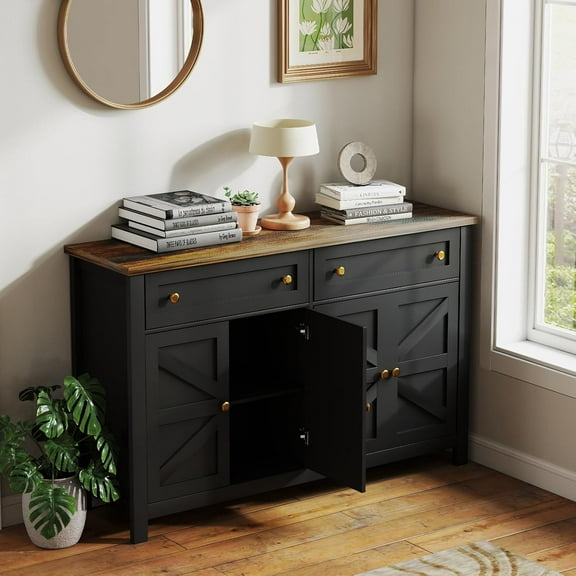 55" Buffet Cabinet with Doors & Drawers, Modern Sideboard Buffet Cabinet Kitchen Storage Sideboard with Shelves 2 Drawers, Wood Coffee Bar Console for Dining Room, Living Room, Home, Entryway