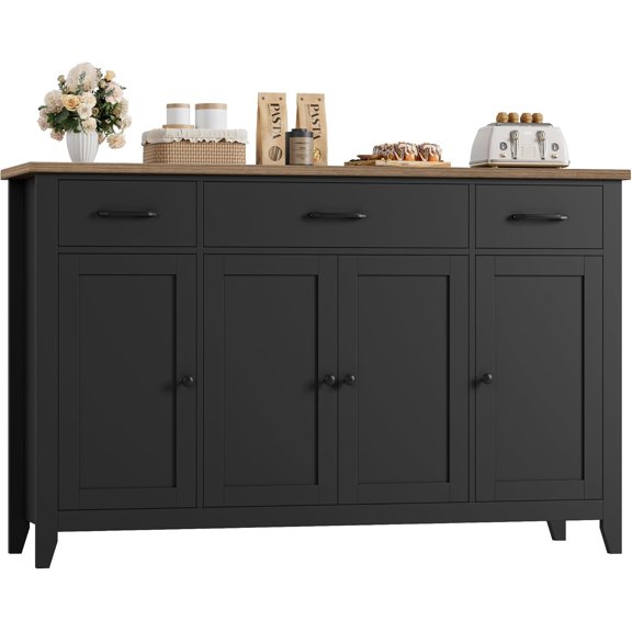 55" Buffet Cabinet, Modern Farmhouse Sideboard Buffet with Drawers, Large Kitchen Storage Cabinet with Adjustable Shelves, Wood Coffee Bar for Kitchen, Dining Room, Living Room, Black