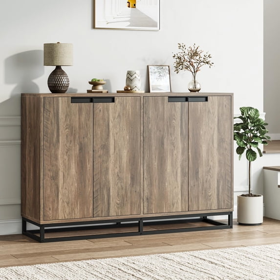 55" Buffet Storage Cabinet, Sideboard Modern Credenza with Metal Base 4 Doors and Shelves, Accent Coffee Bar Table for Kitchen Dining Room, Living Room (Brown)