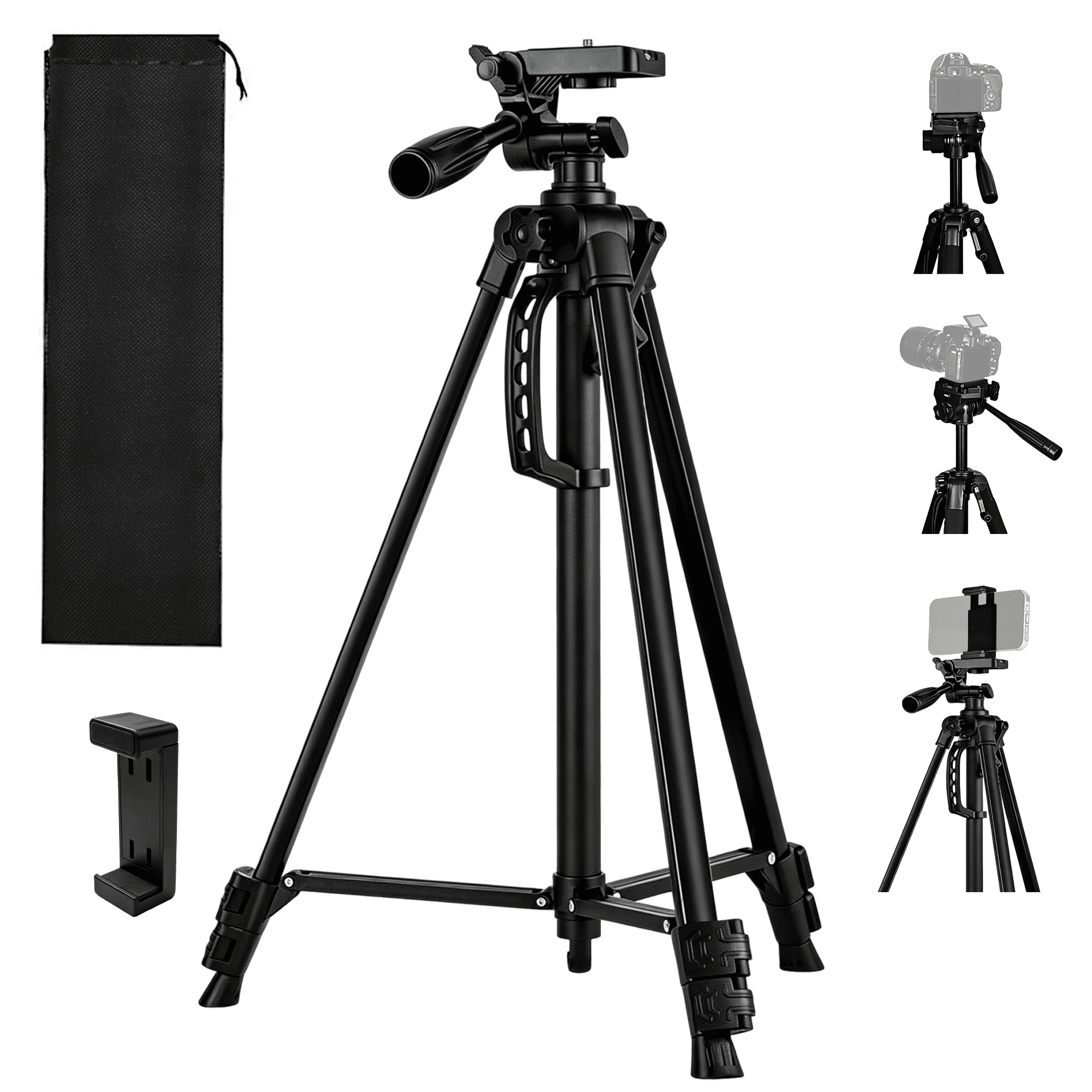 Lightweight Aluminum Camera Tripod 55.5 Inch, Portable Travel Tripod with Pan Head & Phone Mount, Adjustable Height DSLR Tripod Stand with Carry Bag for Camera, Smartphone, Ring Light